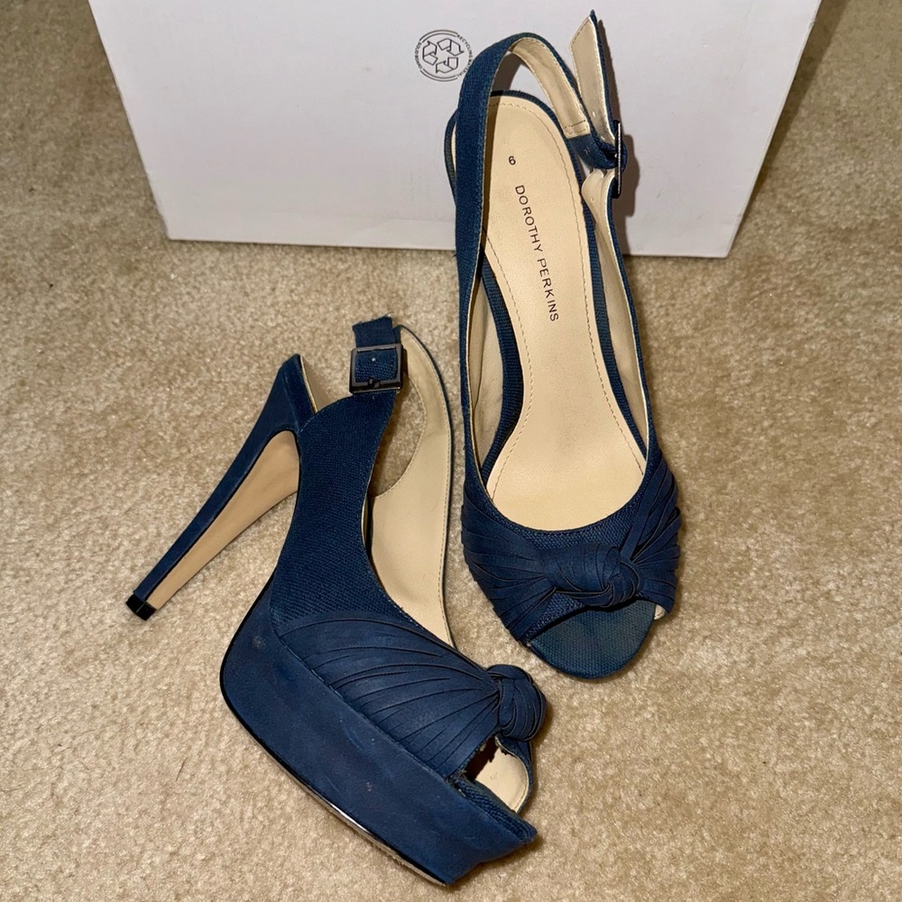 Dorothy Perkins Savannah Navy Linen Knotted Peep Toe Platform Heeled Sandal 8.5